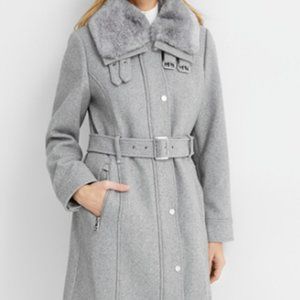 MICHAEL Michael Kors Grey Wool Belted Coat w/Removable Faux Fur Collar Sz S NWT